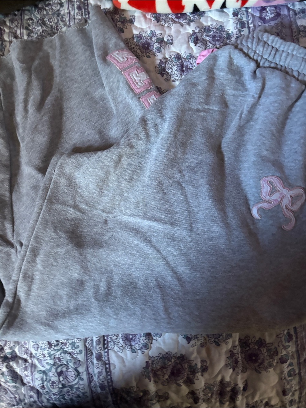 Loveshack fancy x Victoria sec Gray Sweatpants with Pink Embroidered Bow Detail